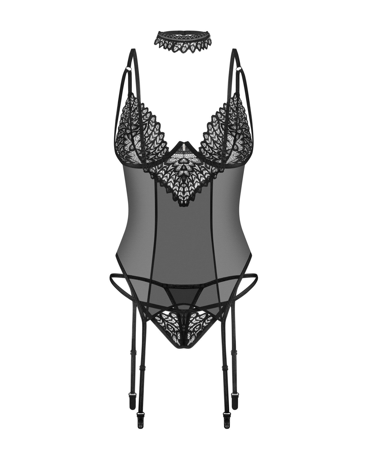 Czarny gorset Donarella z stringami i chokerem Obsessive M/L - obrazek 7