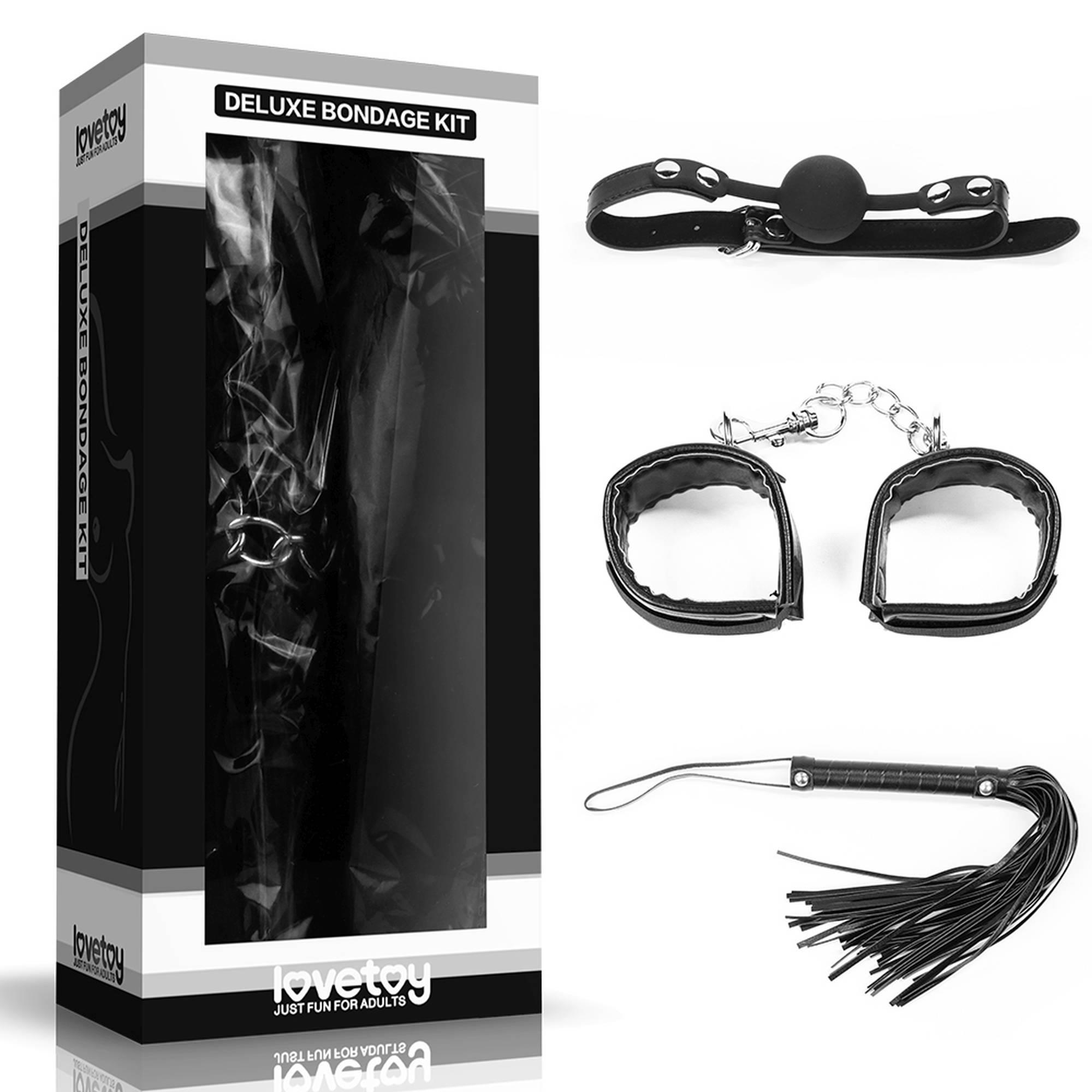 Luksusowy Zestaw Bondage Lovetoy 25cm Pejcz Miękkie Kajdanki Knebel