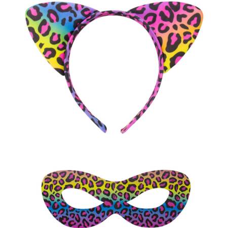 Tęczowy zestaw panterkowy Kinky Pleasure z opaską i maską