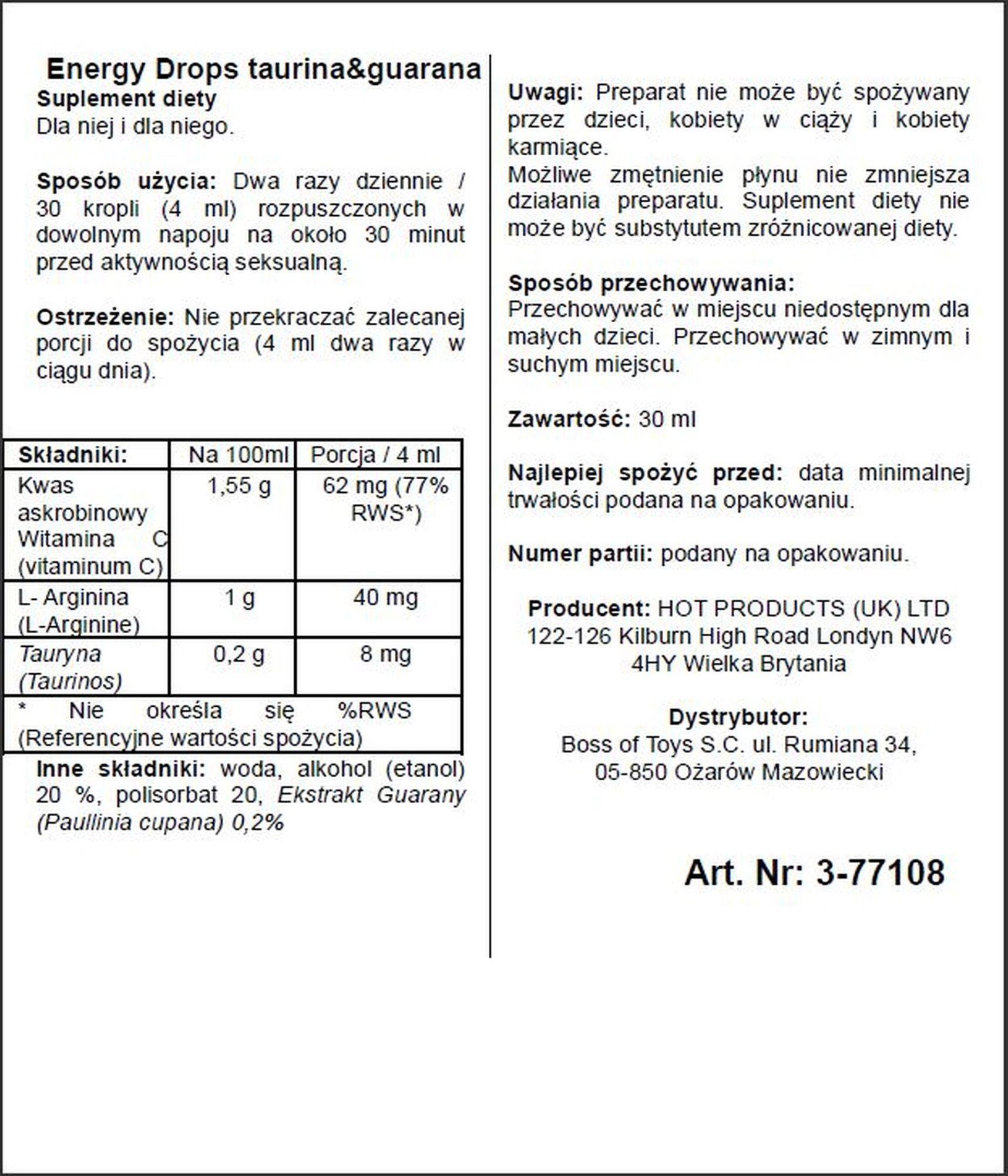 Krople Energy Drops z tauryną i guaraną Hot 30ml - obrazek 2