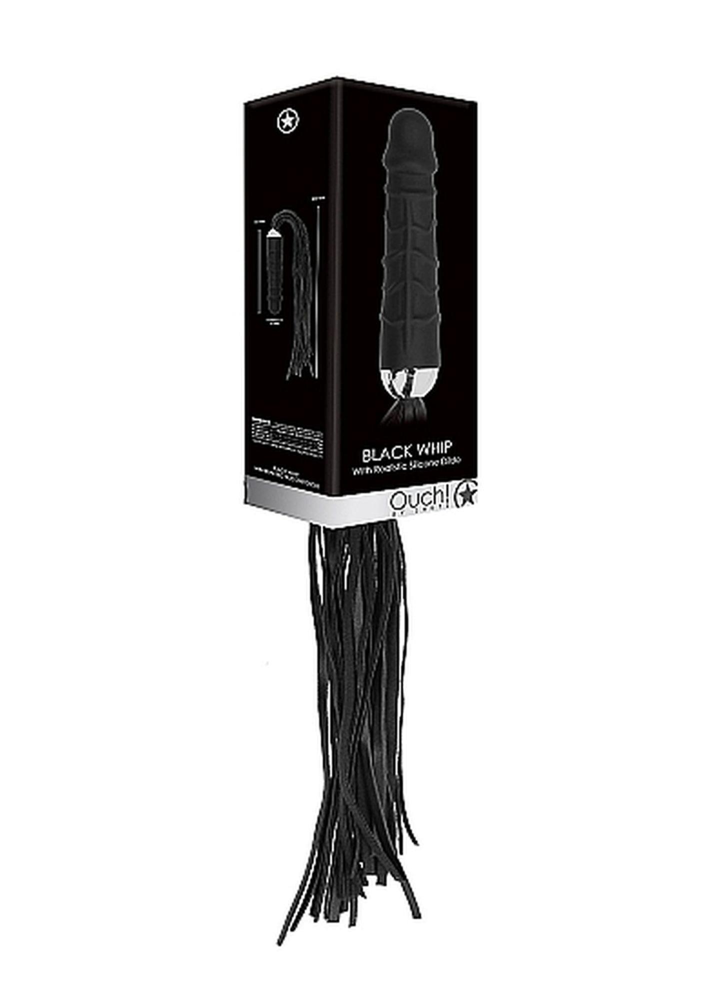 Bicz z dildo Ouch! skórzany silikonowy czarny 30 cm - obrazek 2