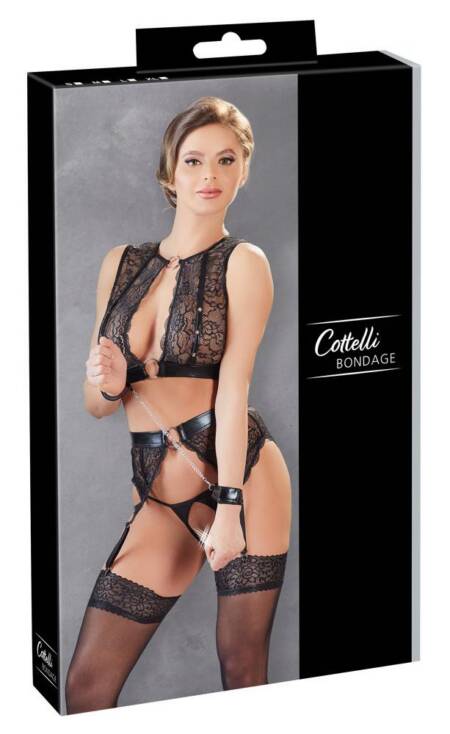 Zestaw top bondage Cottelli wet look z kajdankami M