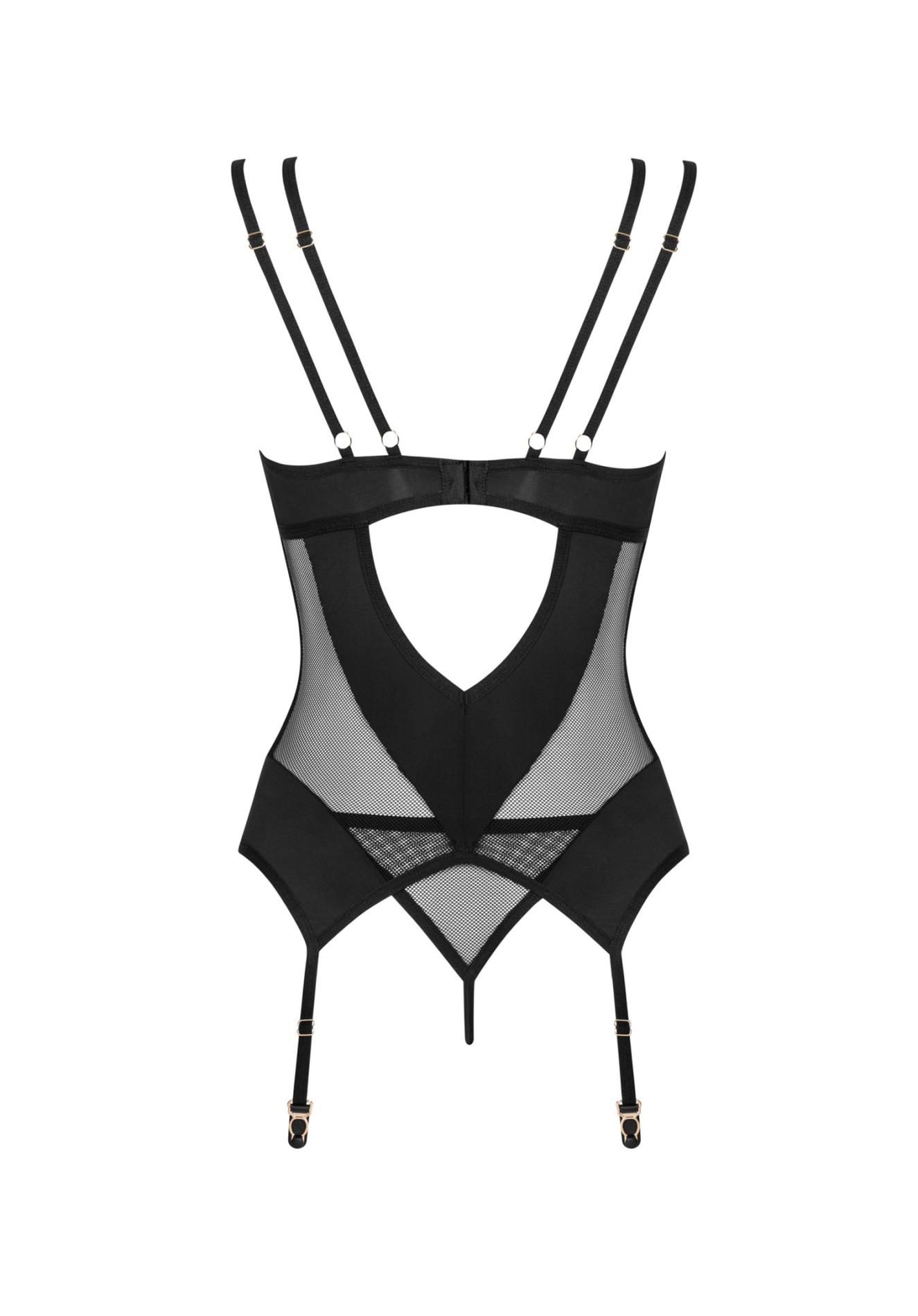 Czarny siateczkowy gorset z stringami i pasami Obsessive M/L - obrazek 6