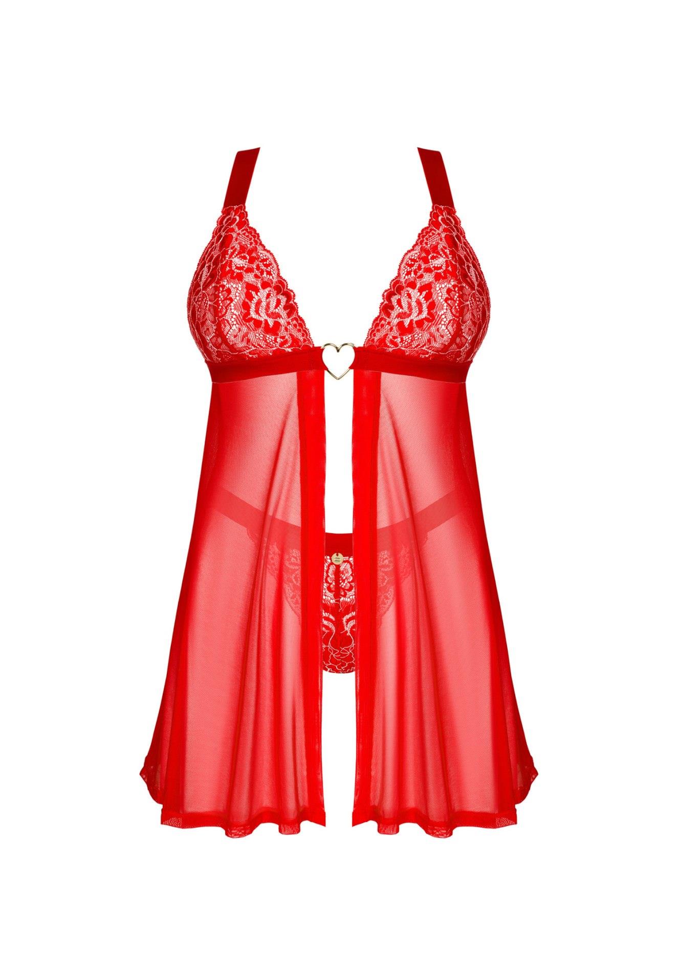 Koronkowy babydoll i stringi Obsessive czerwony M/L - obrazek 3
