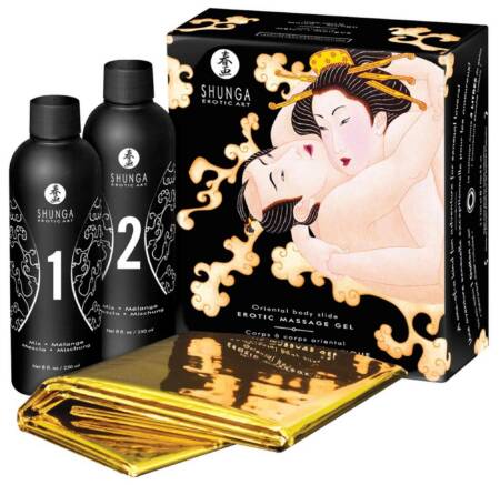 Zestaw żelu do masażu Shunga Melon Mango Oriental Body Slide z folią