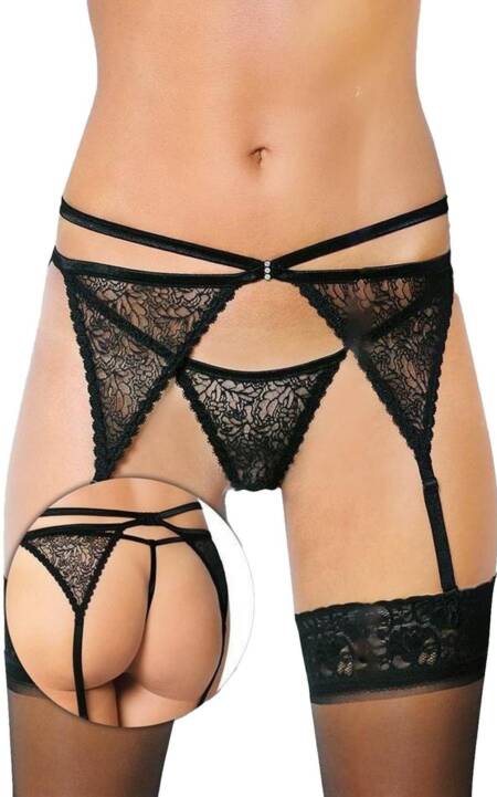 Pas do pończoch ze stringami koronkowy SoftLine 3318 czarny M/L