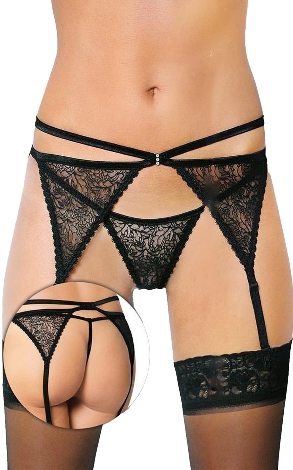 Pas do pończoch ze stringami koronkowy SoftLine 3318 czarny M/L
