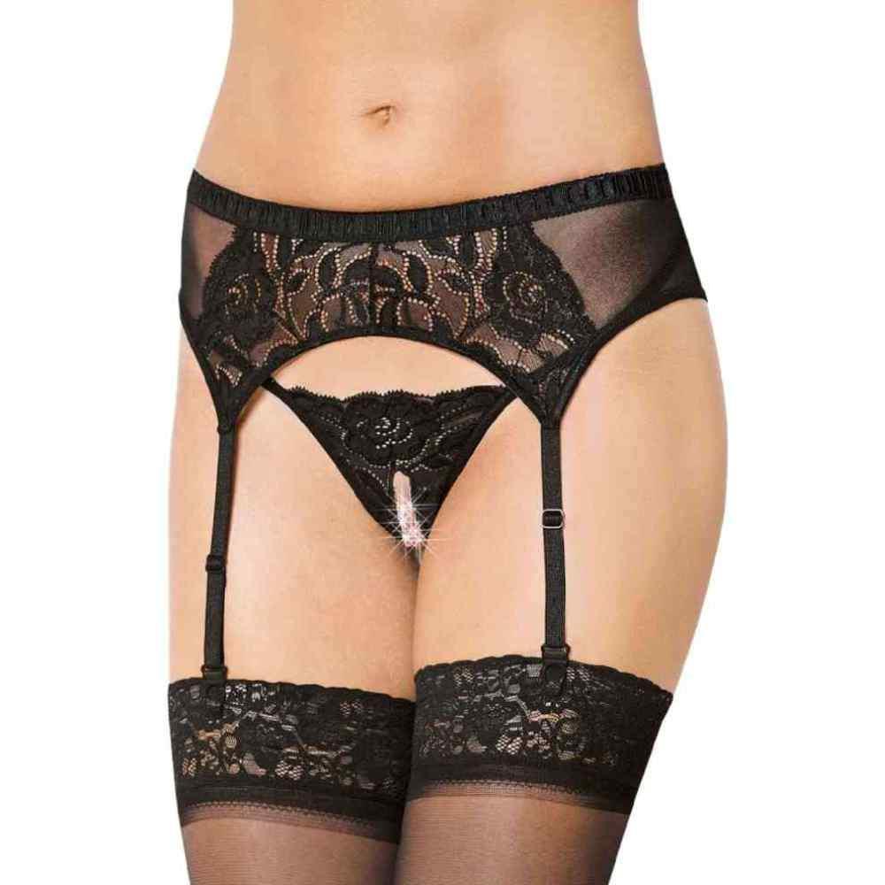Koronkowy pas do pończoch z otwartymi stringami SoftLine 3319 czarny S/M