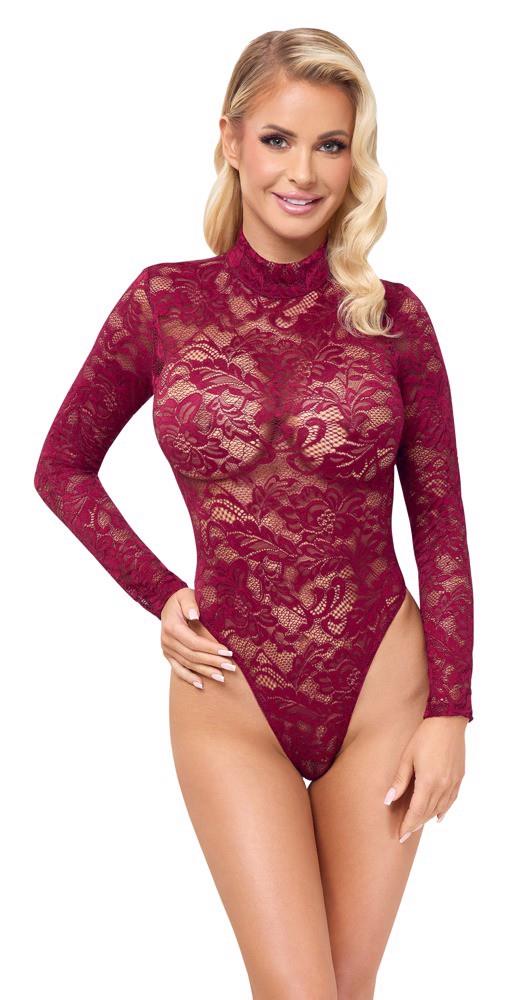 Body koronkowe Cottelli LINGERIE bordowe XL z długim rękawem - obrazek 3