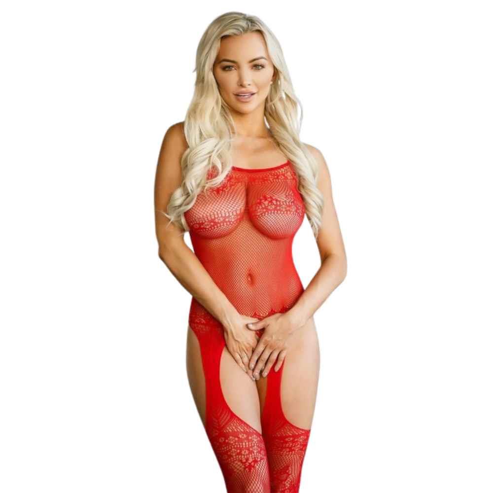 Bodystocking czerwony siateczkowy otwarty krok Ero-Dom