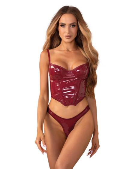 Błyszczący lakierowany gorset z stringami Obsessive Redya L/XL