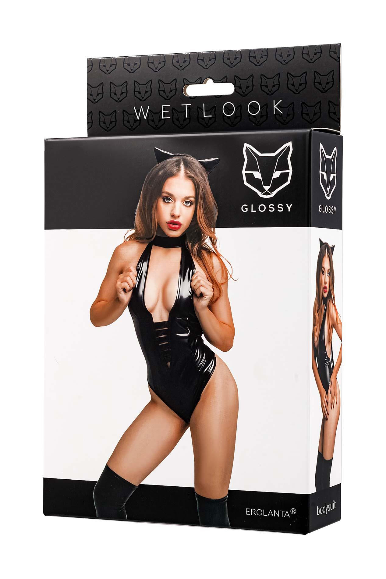 Body Glossy Kitti z uszami kota wetlook czarne M - obrazek 3
