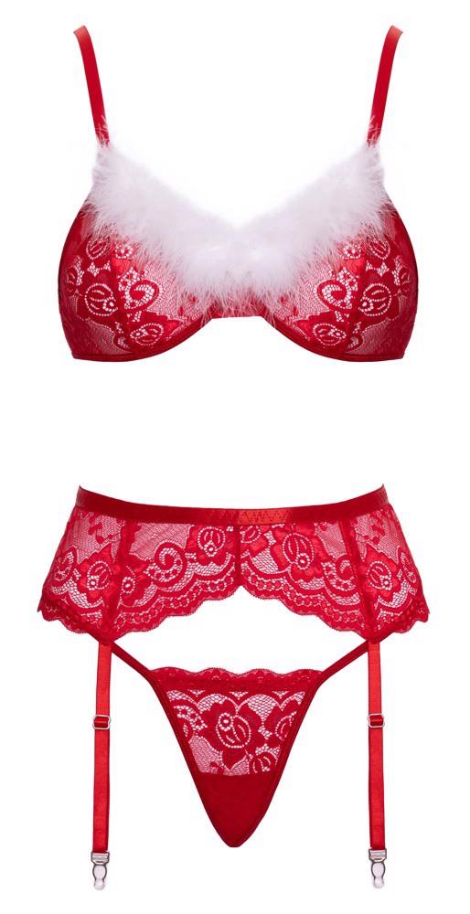 Świąteczny komplet bielizny Cottelli LINGERIE czerwony z piórkami S/M - obrazek 3