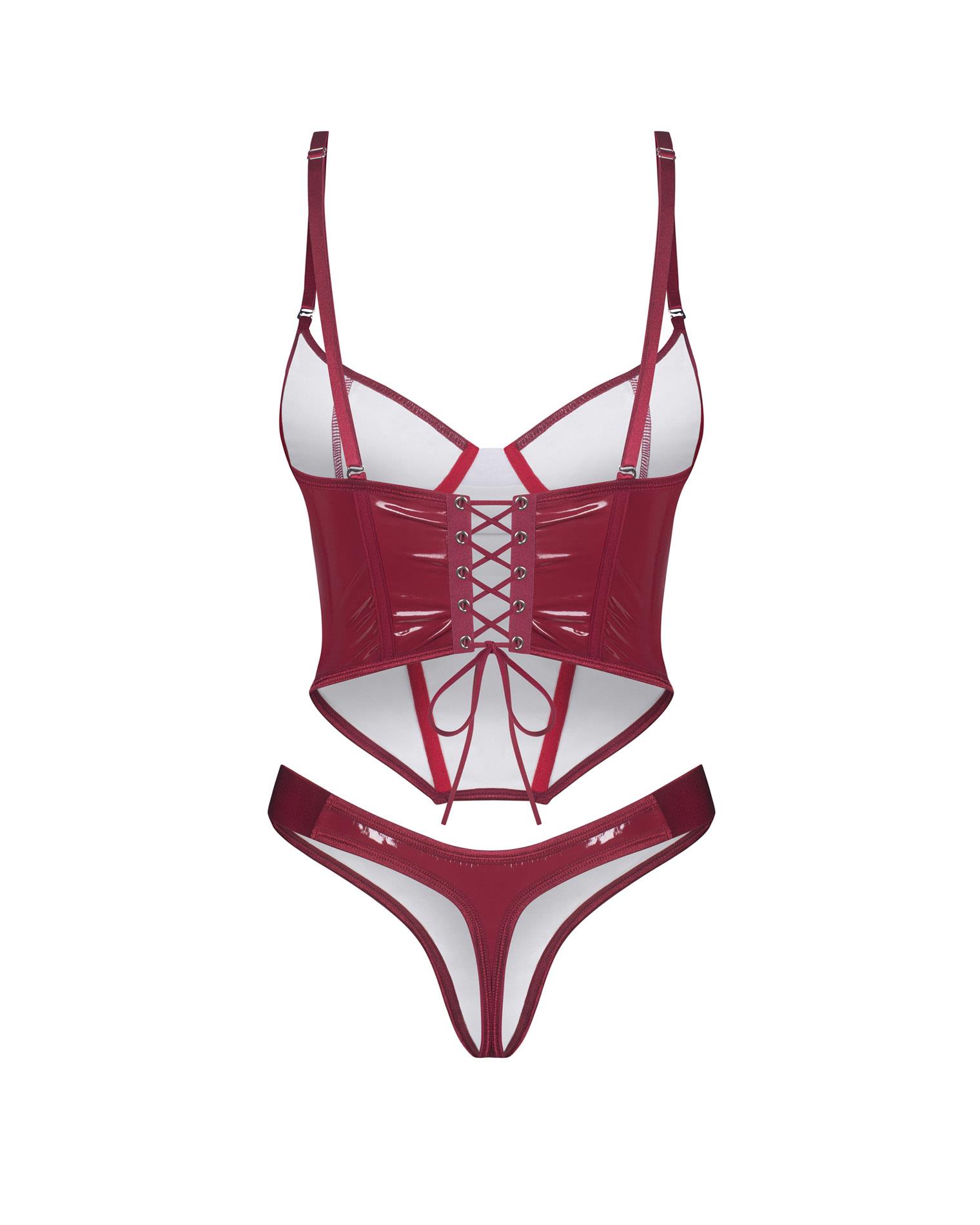 Błyszczący lakierowany gorset z stringami Obsessive Redya 2XL/3XL - obrazek 4