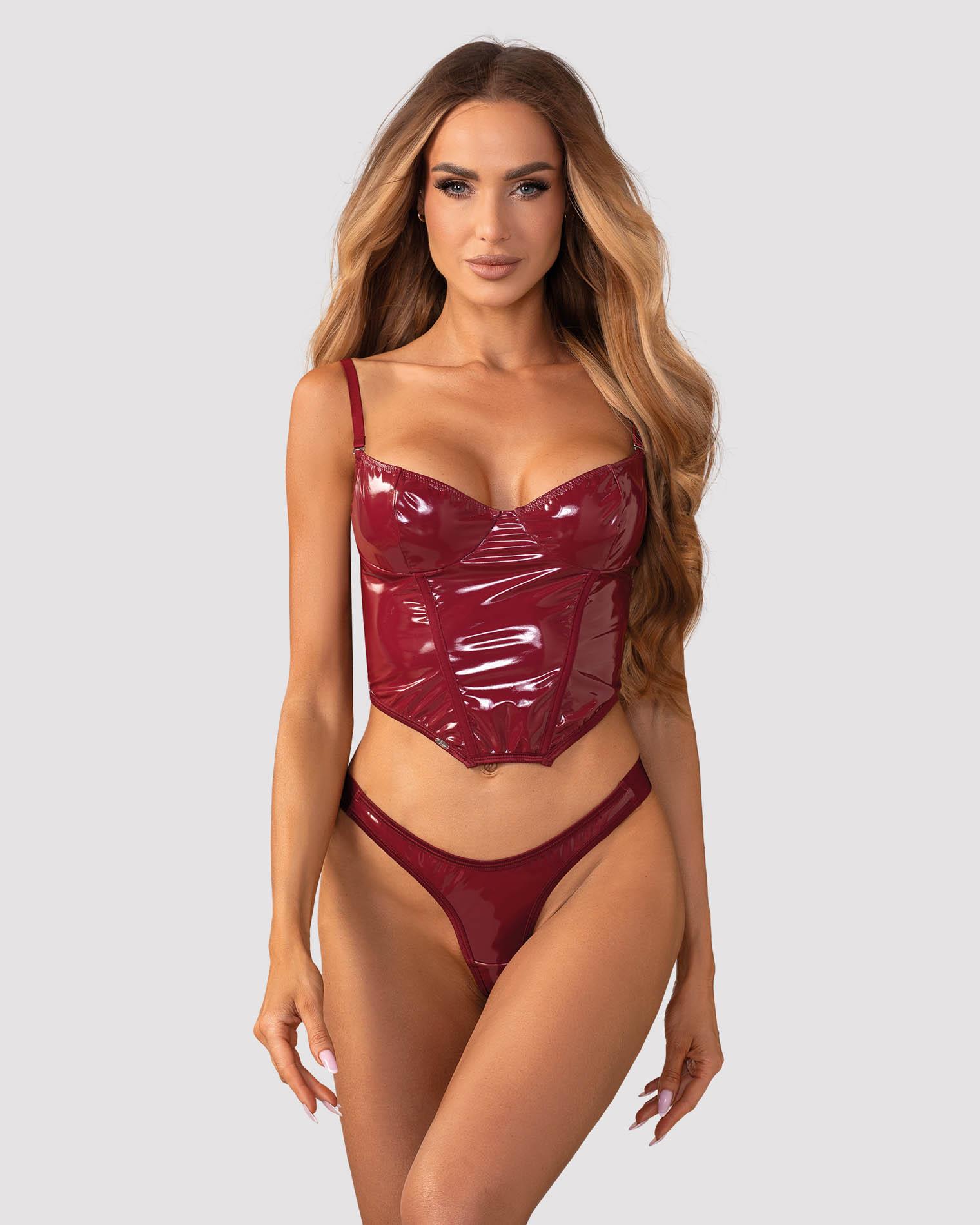 Błyszczący lakierowany gorset z stringami Obsessive Redya 2XL/3XL - obrazek 8