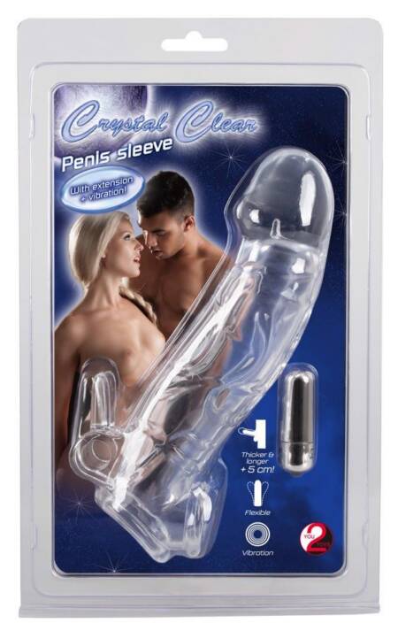 Przezroczysta przedłużka na penisa Crystal z wibracją 23 cm